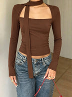 Sexy Square Collar Halter Tied Long Sleeves Top Slim Fit Slimming Sexy Outer Wear Bottoming Shirt Women