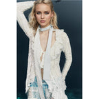 Lace V neck Shirt Women Autumn Ruffles Cardigan Long Sleeve Short Knitted Top