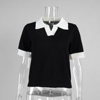 Short Sleeved Knitwear Summer Office Polo Collar Contrast Color Slim Fit Knitted Top