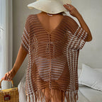 Contrast Color Sexy Loose Pullover V-neck Tassel Hollow Out Cutout out Beach Sun Protection Clothing Bikini Beach Cover-up Crochet hook