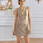 Women Clothing Rose Front Button Elegance Sleeveless round Neck Waist Trimming Elegant Dress