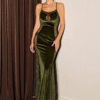 Sexy Backless Green Lace Velvet Spaghetti Straps Dress Elegant Slim Fit Fishtail Dress Sexy Lingerie