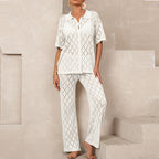Beach Short Sleeved Shirt Trousers Hollow Out Cutout out See through Casual Knitted Vacation Elegant Sun Protective Blouse Two Piece Sets