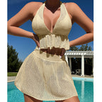 Knitted Hollow Out Cutout out Strap Bikini Top Skirt Outfit Sexy Bikini Beach Cover up Crochet hook