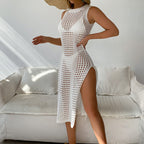 Vacation Sexy Solid Color round Neck Sleeveless Breathable Knitted Long High Slit Dress Beach Sun Protection Blouse Crochet hook