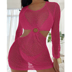 Casual Holiday Short Dress Sexy Slim Waist Hollow Out Cutout round Neck Slim Fit Long Sleeved Sunscreen Beach Dress Crochet hook