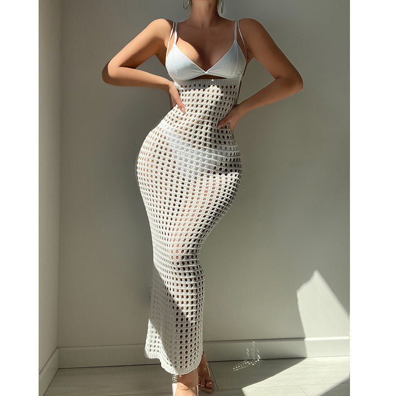 Women Knitted Camisole Hollow Out Cutout Texture Sexy Slim High Waist Maxi Dress Beach Cover up Dress Crochet hook