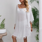Hand Hook Floral Stitching Tassel Beach Cover up Hollow Out Cutout Butterfly Loose Beach Vacation Sun Protective Clothing