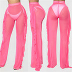 Ruffled Solid Color Casual Sexy Yarn Pants See through Women Beach Vacation Trousers