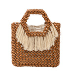 Beach Vacation Wooden Bead Bag – Handwoven Women's Travel Tote, Fringe Boho Handbag
