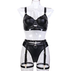Punk Series Three Piece Set of Sexy Lingerie Black Faux Leather Subdued Leather Metal Stamping Heavy Industry
