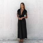 Summer Elegant Black Sexy Backless Deep V Plunge Lace up Slim Fit Short Sleeve French Dress Women