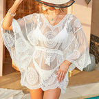 Short Batwing Sleeve Women Beach Sun Protection Top Water Soluble Hollow Out Cutout Lace Sexy Beach Cover Up