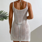 Vacation Women Clothing Short Chic round Neck Plaid Texture Hollow Out Cutout out See through Camisole Sexy Short Dress Crochet hook