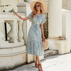 V neck Short Sleeve Hollow Out Cutout Lace Stitching Flounced Pastoral Vacation Dress