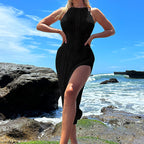Vacation Sexy Solid Color Lace up Halter Design Breathable Knitted Long High Slit Dress Beach Dress Crochet hook