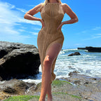 Vacation Sexy Solid Color Lace up Halter Design Breathable Knitted Long High Slit Dress Beach Dress Crochet hook