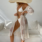 Beach Sun Protection Women Lace Mid Length Cardigan Sexy See Through Beach Bikini Cover up Blouse