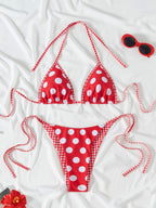 Contrasting Print Strap Sexy Bikini Split Swimsuit Batwing Short Sleeve Shirt W Plants Print