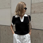 Short Sleeved Knitwear Summer Office Polo Collar Contrast Color Slim Fit Knitted Top