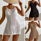 Vacation Women Clothing Short Chic round Neck Plaid Texture Hollow Out Cutout out See through Camisole Sexy Short Dress Crochet hook