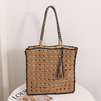 Square Tassel Shoulder Straw Bag Fresh Hollow Out Cutout Handmade Straw Bag Woven Bag Women Seaside Vacation Beach Bag