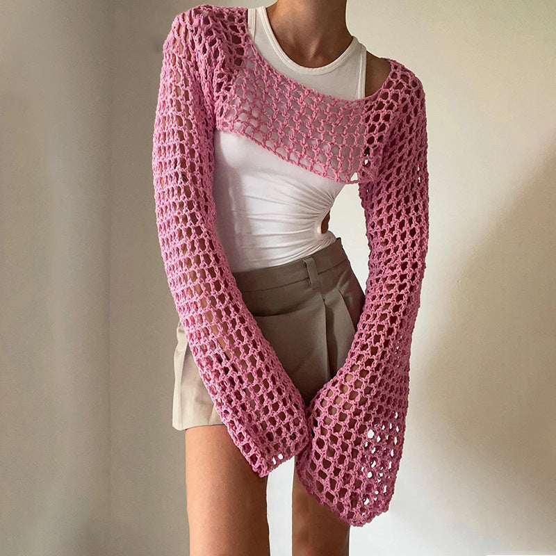 Sexy Hollow Out Cutout Sweater Solid Color round Neck Long Sleeve Knitted Blouse Crochet hook