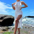 Vacation Sexy Solid Color Lace up Halter Design Breathable Knitted Long High Slit Dress Beach Dress Crochet hook