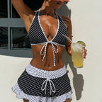 Bikini Polka Dot Printed Lace up Sexy Belt Overskirt Vacation Swimsuit Three Piece Set for Women