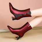 Leather Coarse Heel Pointed Short Boots Women's Middle Heel Burgundy Splicing Soft Leather Women's Boots Large Size Women's Shoes