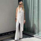 Summer Women Clothing White Tie Neck Irregular Asymmetric Sleeveless Top Wide Leg Pants Two Piece Sets