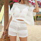 Beach Loose Sleeve Cover up Casual Vacation Sun Protection Hollow Out Cutout Shorts Beach Cover Up Suit