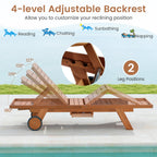 Outdoor Chaise Lounge Chair with Wheels 4-Position Patio Wood Recliner with Adjustable Backrest