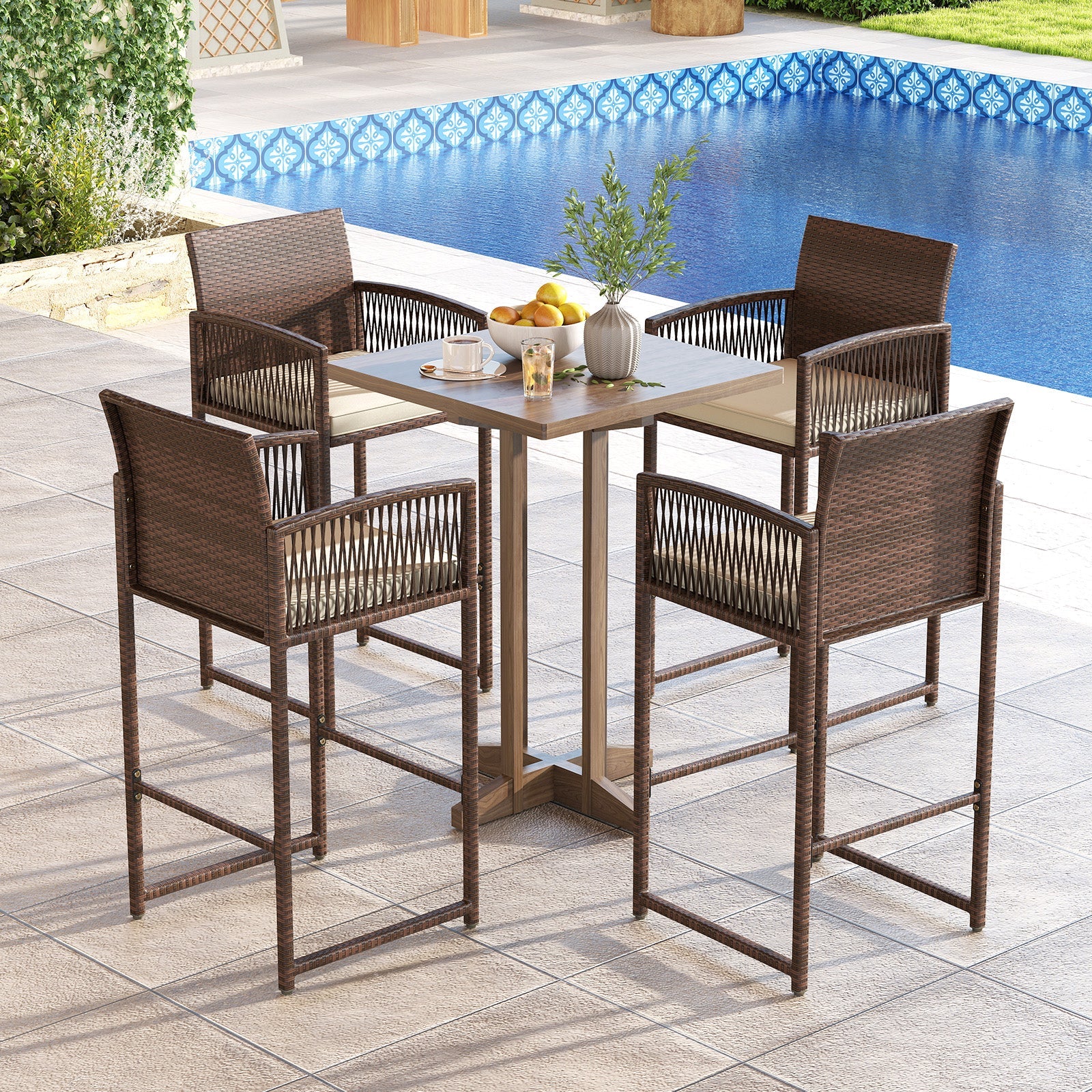 Outdoor PE Wicker Bar Stools Set of 2 Patio Bar Height Chairs with Cushions-White