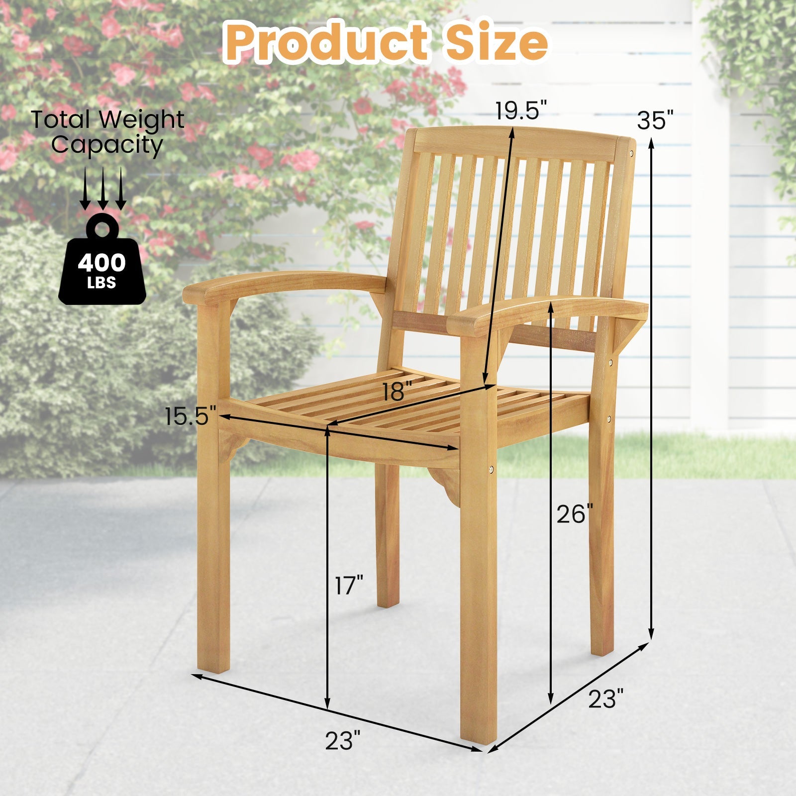 Set of 4 Outdoor Patio Chair with Slatted Seat and Curved Seat