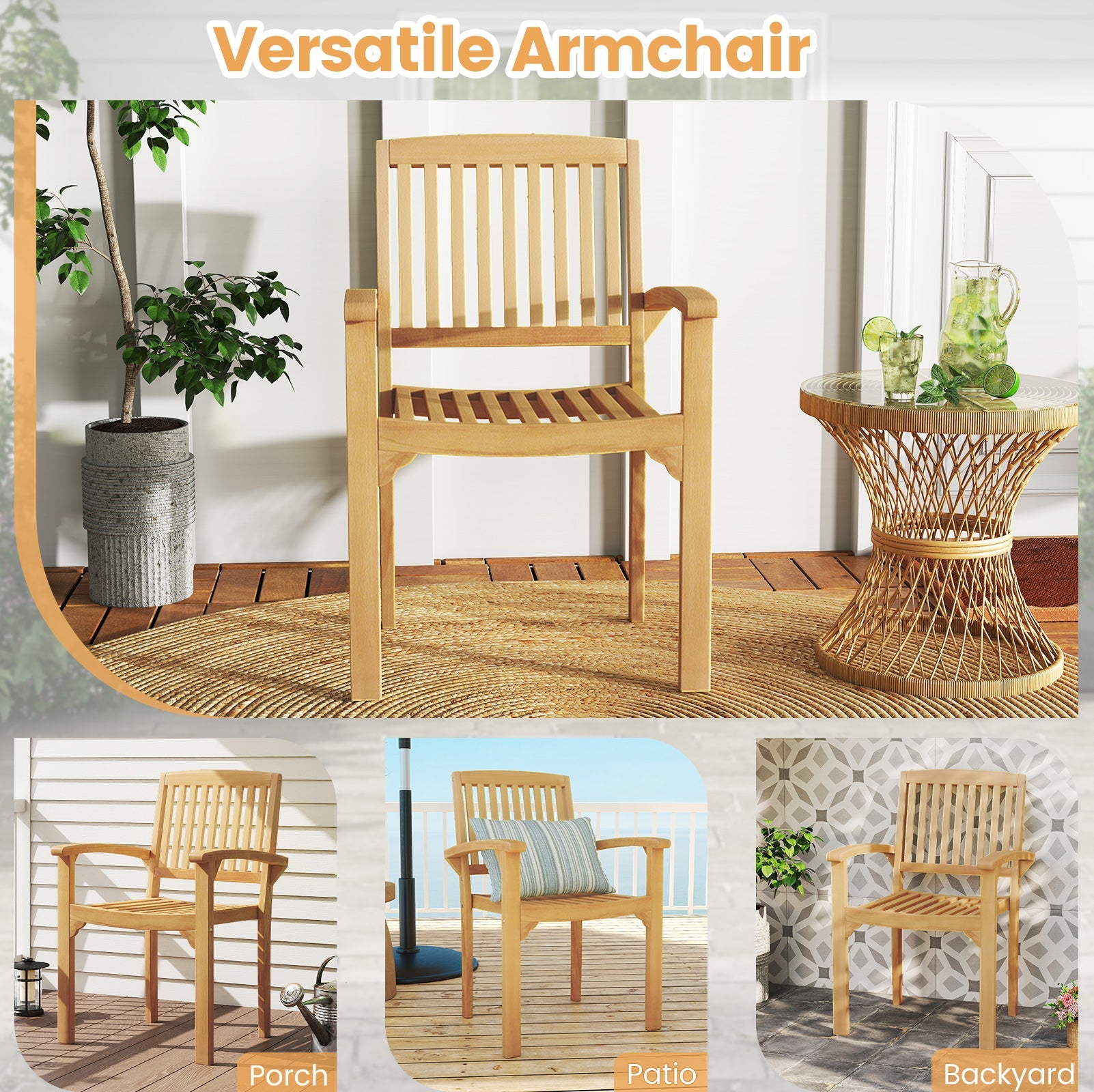 Set of 4 Outdoor Patio Chair with Slatted Seat and Curved Seat