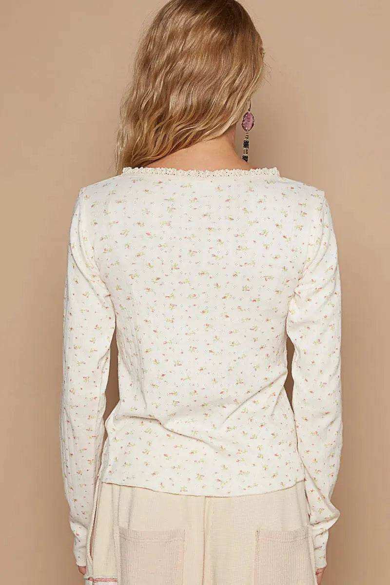 POL Floral V-Neck Long Sleeve T-Shirt