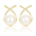 Elegant Gold Plated Pearl Stud Cross Earrings