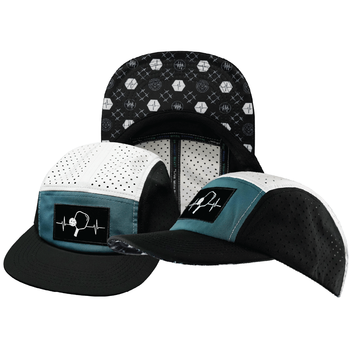 Pickleball Hat - 5 Panel - Black / Slate Green / White - Laser Mesh