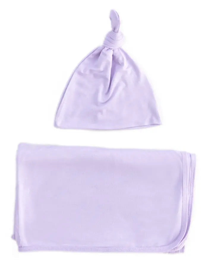 Baby Girl Swaddle Set - Newborn Blanket, Hat and Headband - Purple