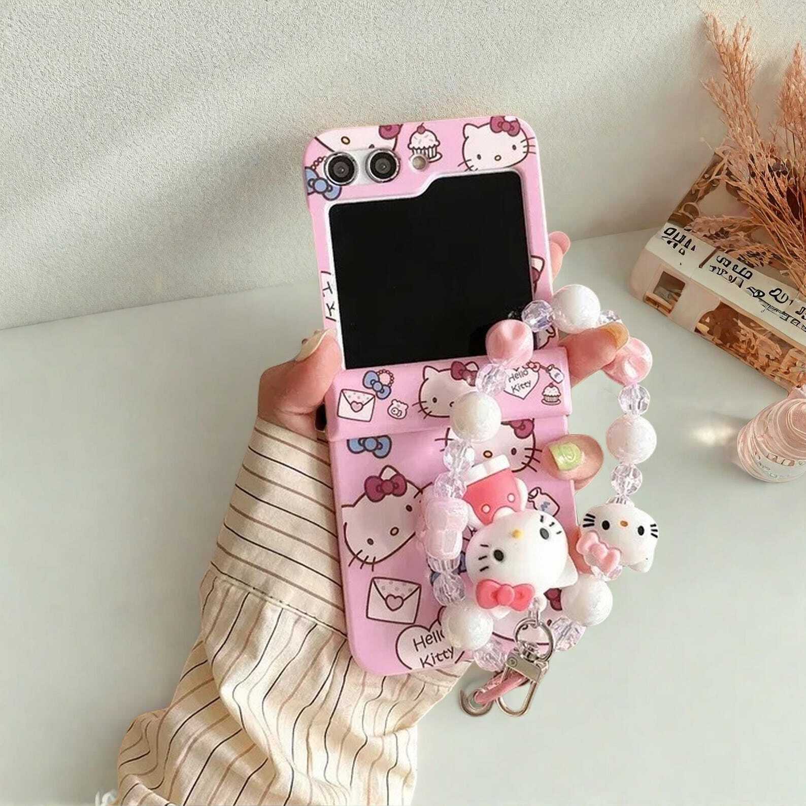 Cute Sanrio Kitty Case for Samsung Galaxy Z Flip 6 5 4 3 - Colorful Candy Hard Cover with Lanyard, Fun Cartoon Protective Design