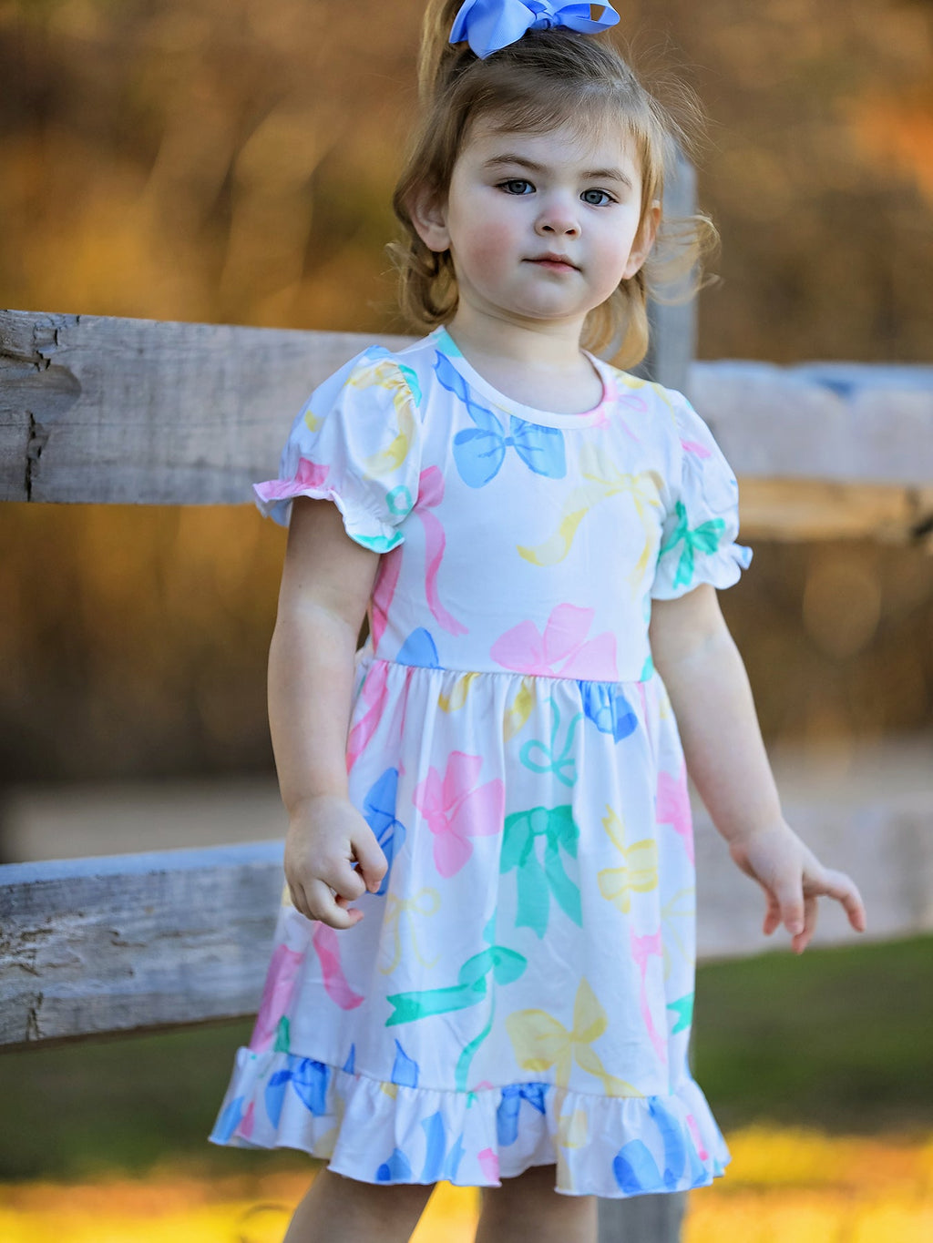 Colorful Spring Bow Print Puff Sleeves Girls Dress