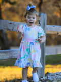 Colorful Spring Bow Print Puff Sleeves Girls Dress