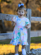 Colorful Spring Bow Print Puff Sleeves Girls Dress