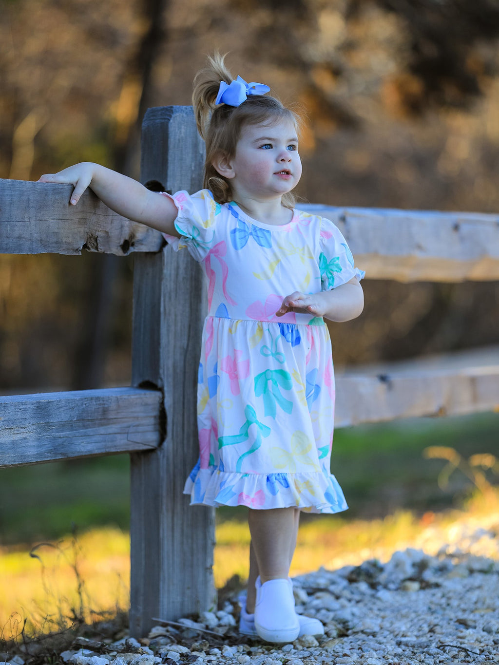 Colorful Spring Bow Print Puff Sleeves Girls Dress