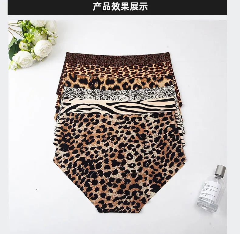 6pcs Women's Seamless Ice Silk Panties Female Mid Waist Plus Size Leopard Print Underwear Girls Fashion Brief Lady Comfort Panty