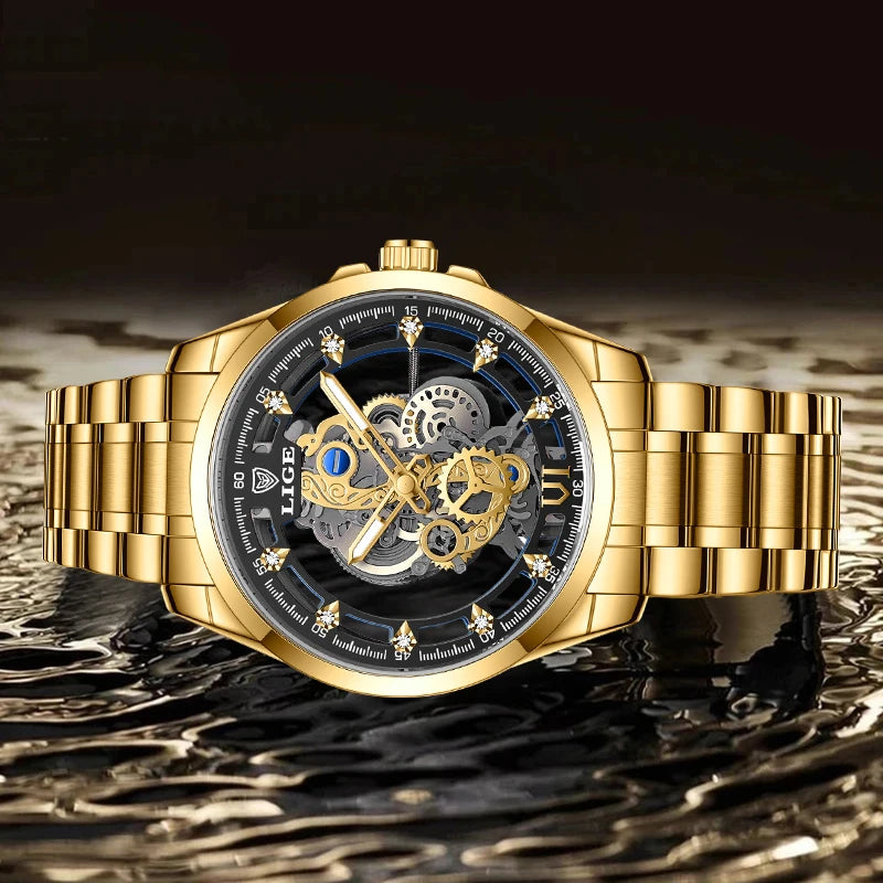 LIGE New Men Watch Skeleton Quartz Wristwatch Gold Skeleton Retro Man Watch Top Brand Luxury Clock Mens Watches Reloj Hombre