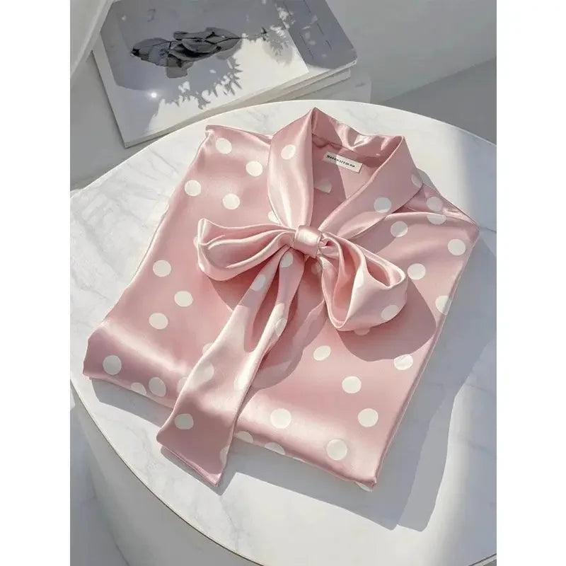 Elegant High Quality Satin Polka Dot Print Shirt Women Office Lady Business Casual Chic Blouse Lace-up Bow Long Sleeve Loose Top