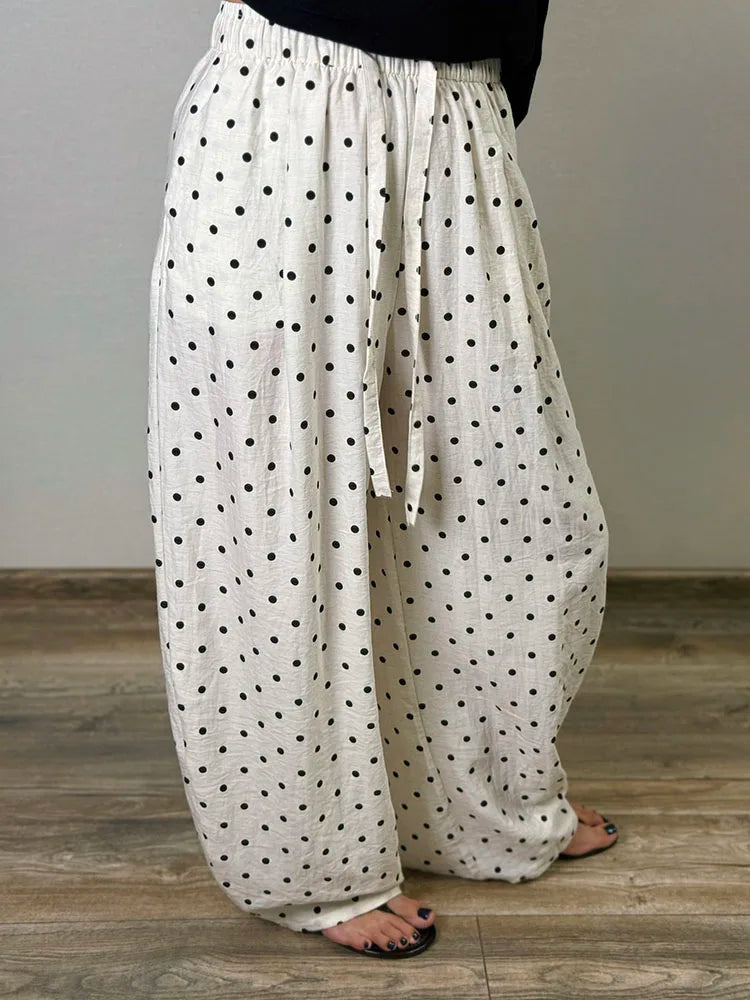 Black Polka Dot Linen Pants Women Wide Leg Summer Trousers Baggy For Ladies White Oversize Cotton Linen Pants Woman Wide