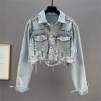 Women's Heavy Industry Riveted Diamond Denim Jacket Spring  Autumn New Slim Fashion Frayed Beaded Jacket Denim Female Tops 2026